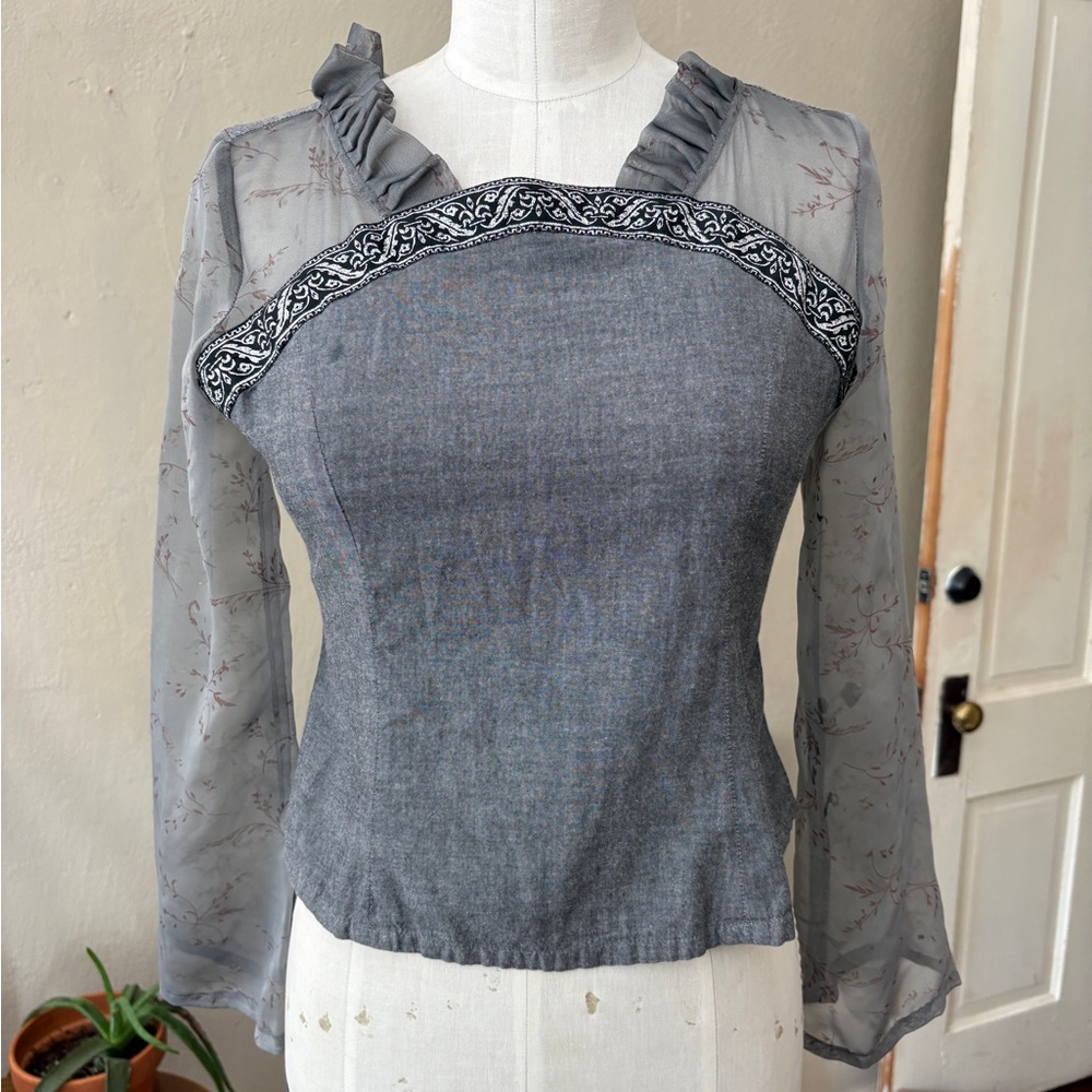 Blue Ruffled Long Sleeve Blouse with Bib Collar